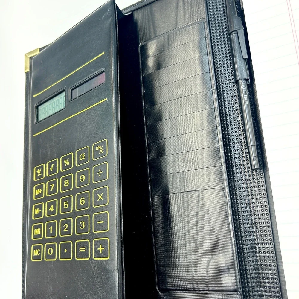 Vintage InteliDesign Portfolio Faux Leather Solar Calculator Padfolio 90s Black